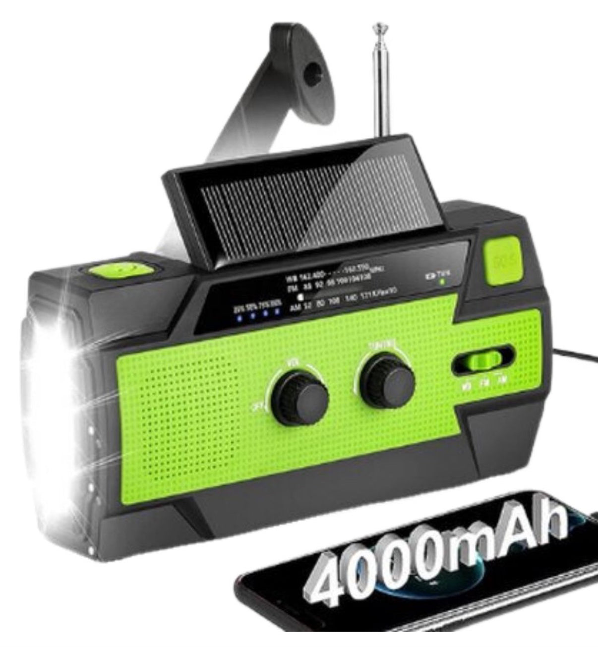 ZIZA Noodradio Solar Opwindbaar en Batterij - Noodpakket - Draagbare Survival Radio - 4000 mAh - Powerbank Zonneenergie - Bouwradio - Zaklamp – Groen