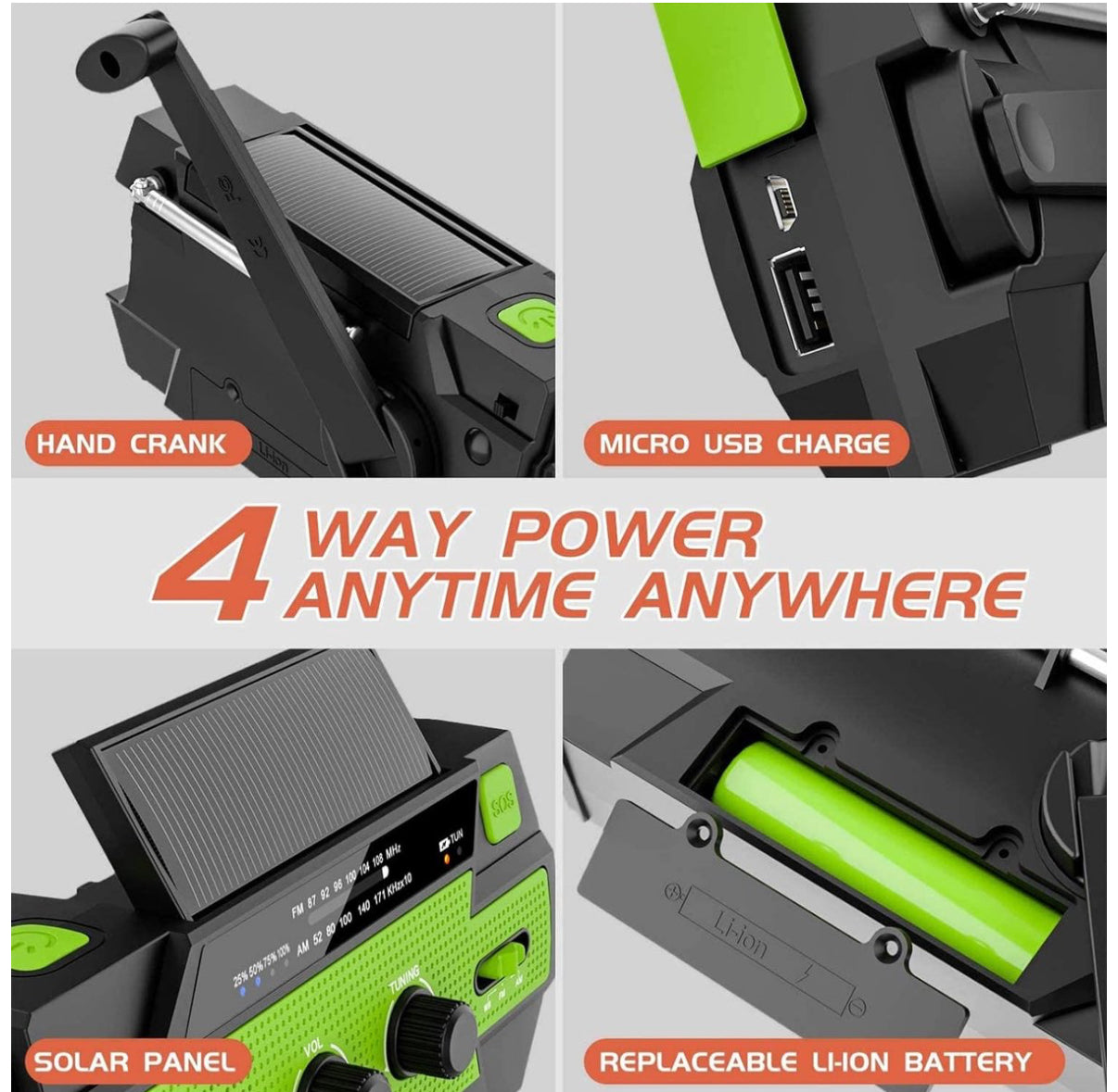 ZIZA Noodradio Solar Opwindbaar en Batterij - Noodpakket - Draagbare Survival Radio - 4000 mAh - Powerbank Zonneenergie - Bouwradio - Zaklamp – Groen