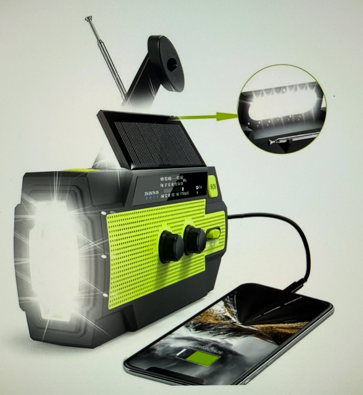 ZIZA Noodradio Solar Opwindbaar en Batterij - Noodpakket - Draagbare Survival Radio - 4000 mAh - Powerbank Zonneenergie - Bouwradio - Zaklamp – Groen