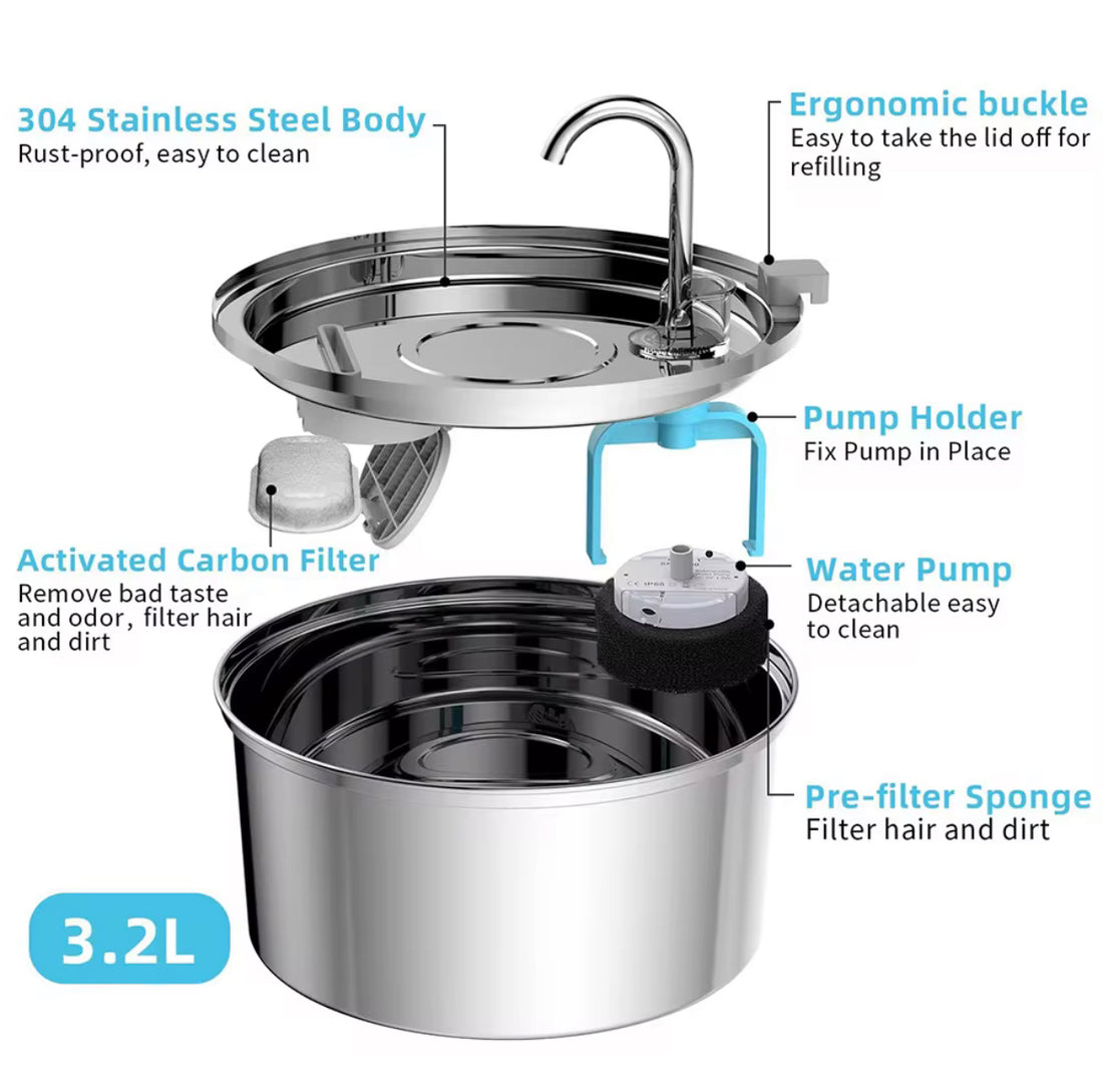 Drinkfontein Kat - 3.2 L - RVS - Waterfontein met Venster - Zilver