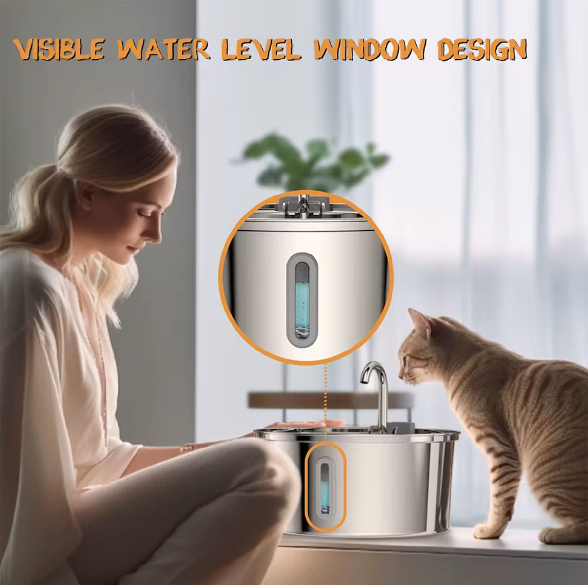 Drinkfontein Kat - 3.2 L - RVS - Waterfontein met Venster - Zilver